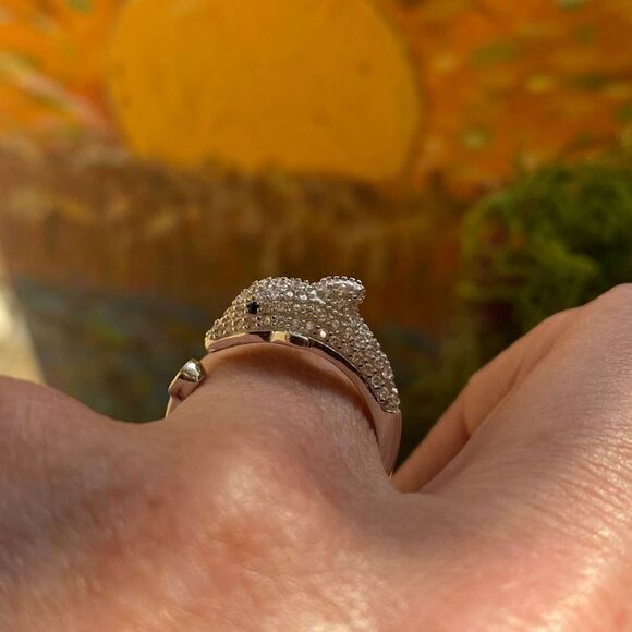Micro Pave 14k Cz Diamond Dolphin Sterling Silver Ring Sizes 7,8,9 - Picture 5 of 9